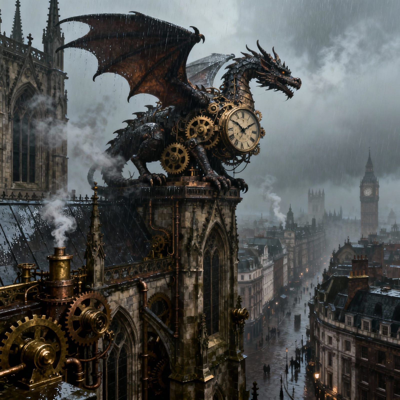 Clockwork Dragon on Gothic Cathedral in Steampunk London