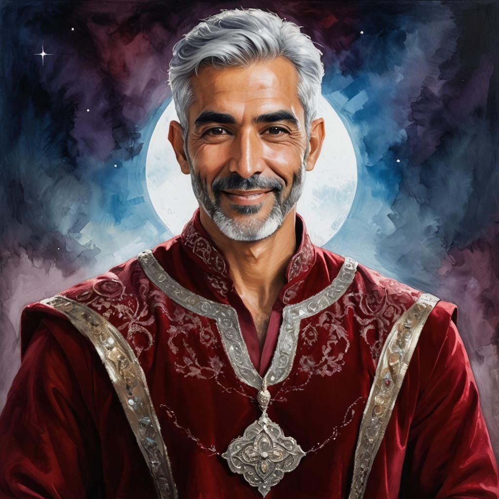 Smiling Silver-Haired Man in Red Velvet, Impasto Oil Paintin...