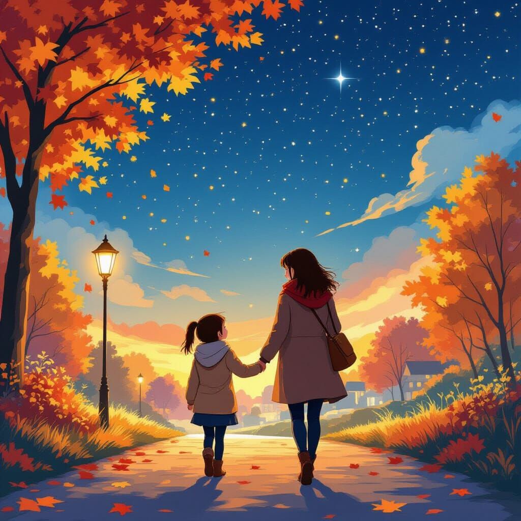 Autumn Date Night: Mother and Daughter in Digital Art Style