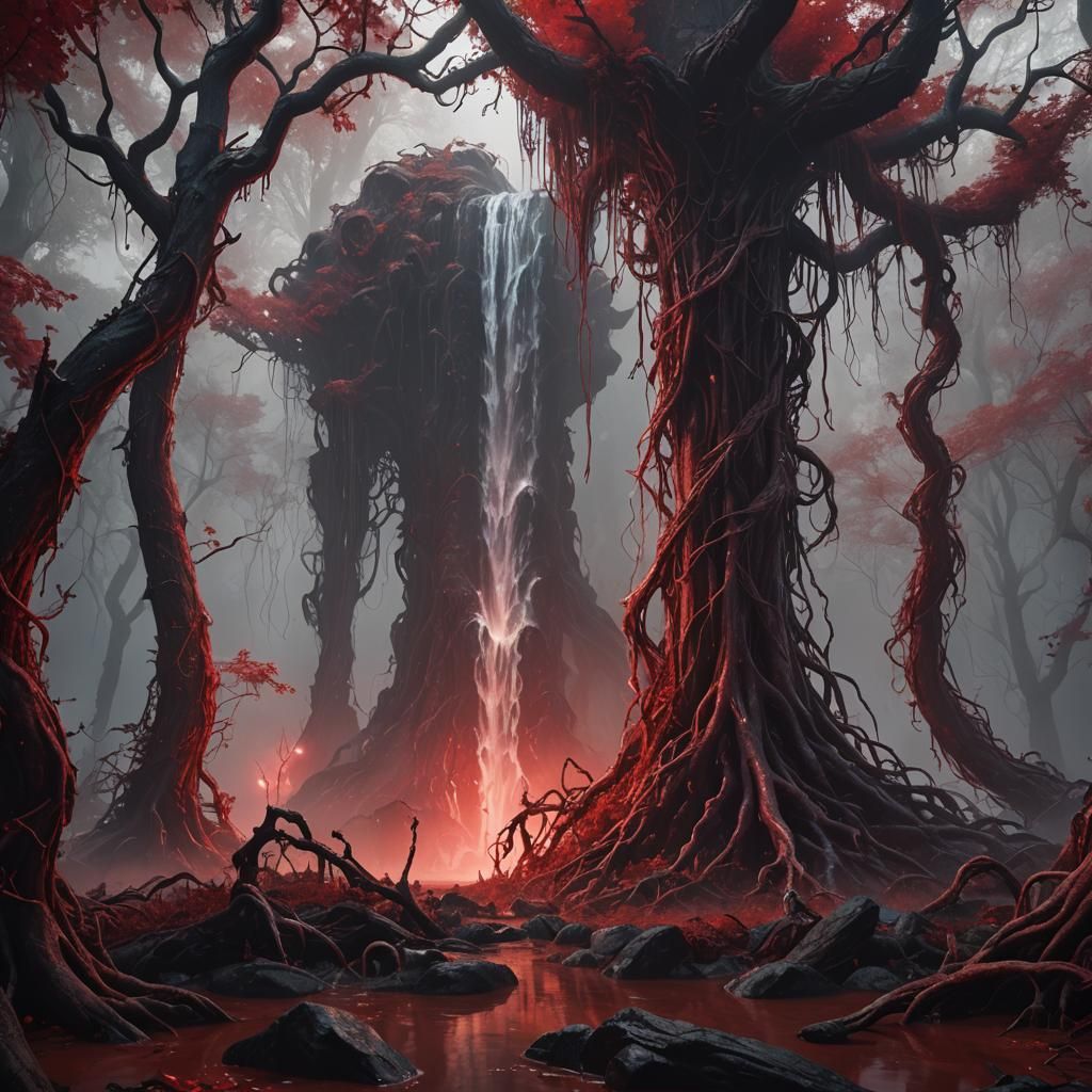 Blood Waterfall in a Red Forest: Dark Fantasy Art