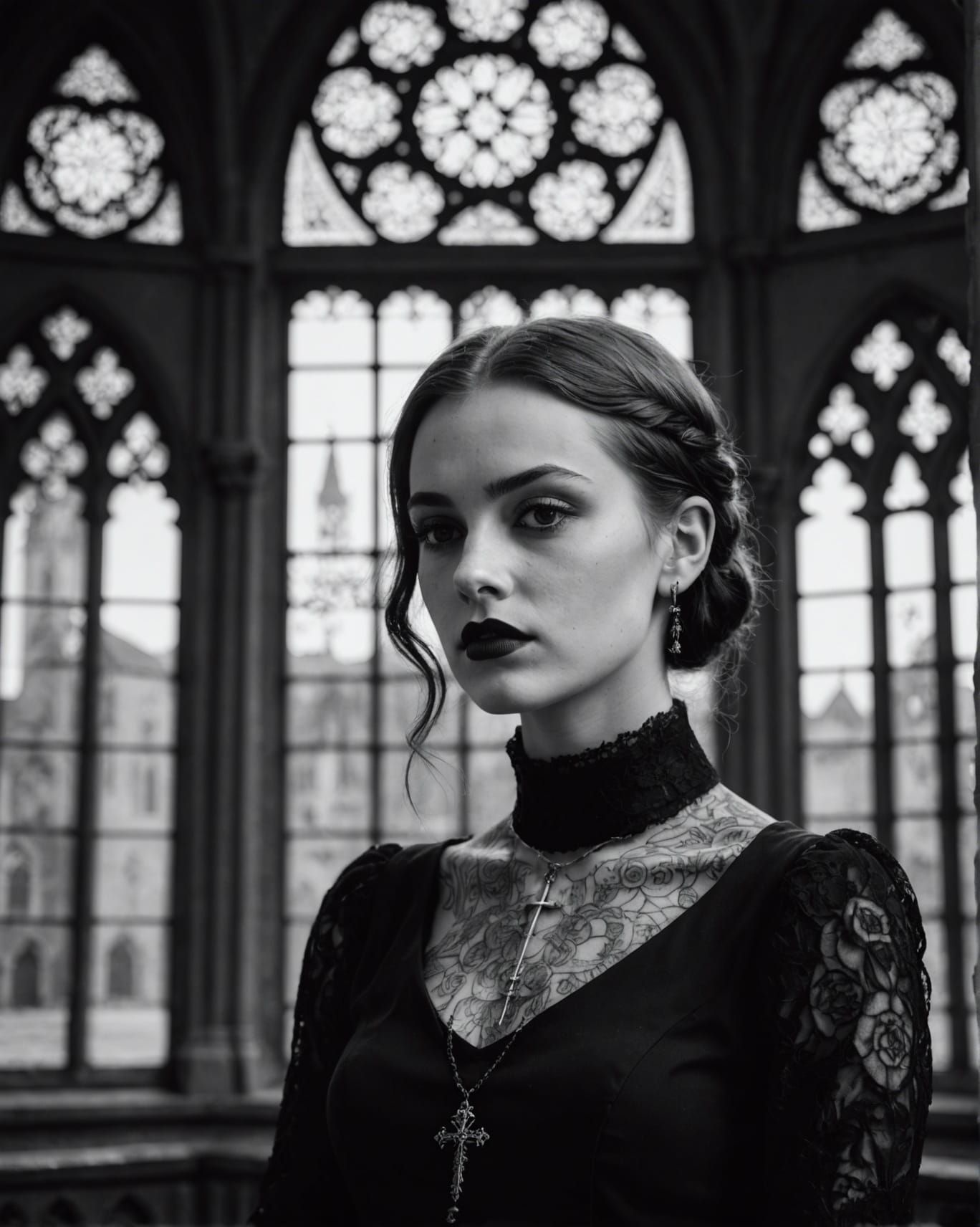Gothic Girl Portrait Inside Church: Black and White Fine Art