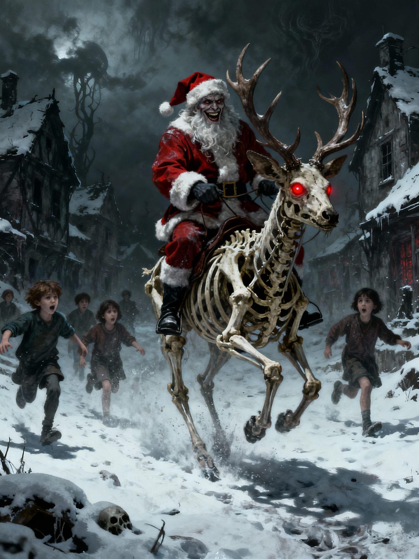 Menacing Krampus Rides Skeletal Rudolph