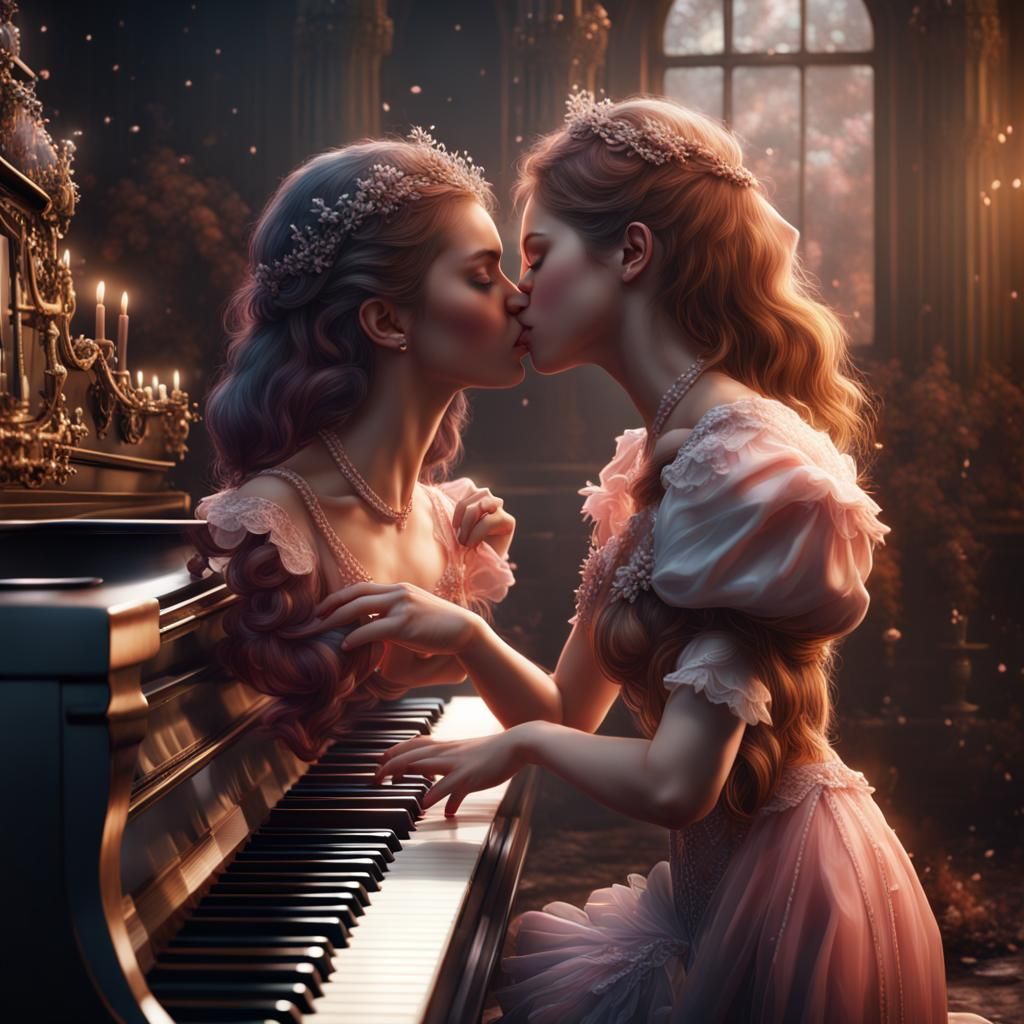 Girls Kissing at Piano: Detailed Fantasy Art