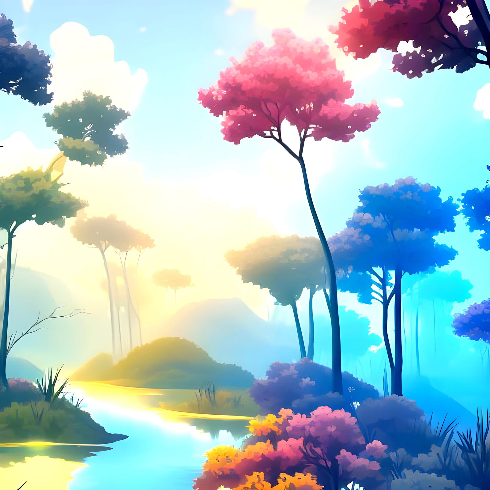 Flowers, trees, path through forest