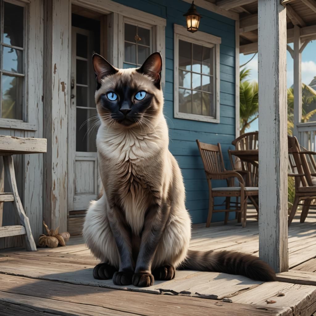 Siamese Cat on Beach Cottage Porch in Detailed Matte Paintin...