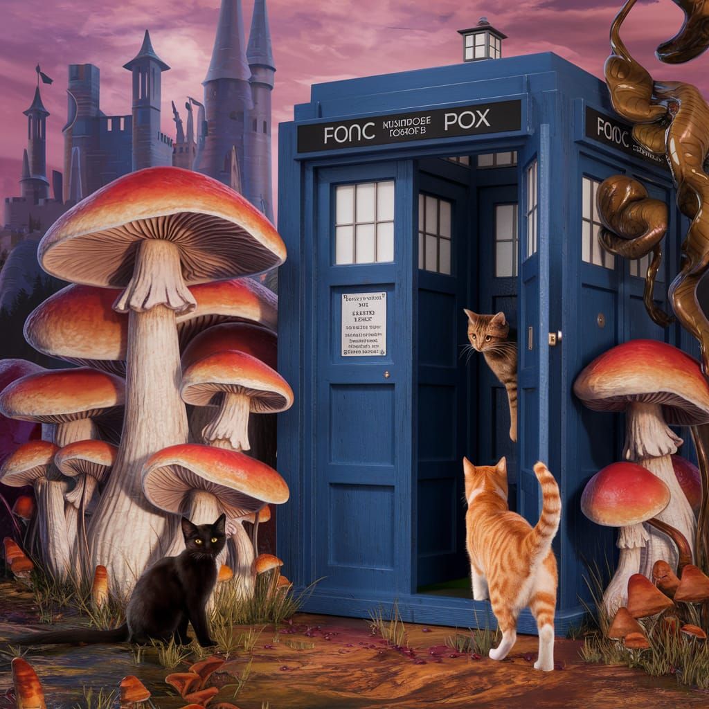 TARDIS in Mushroom Forest with Cats