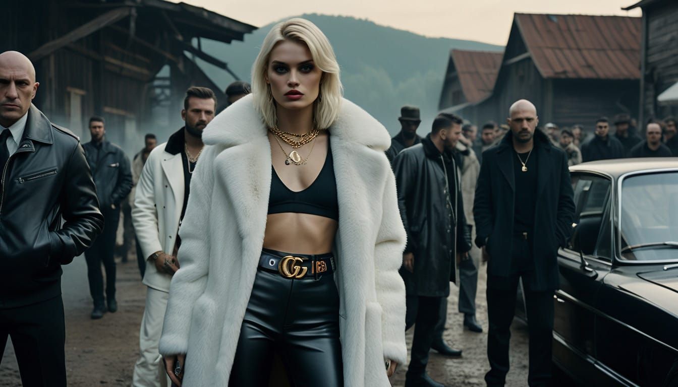 Glamorous Blondie Surrounded by Rugged Tattoo Gangsters in 9...