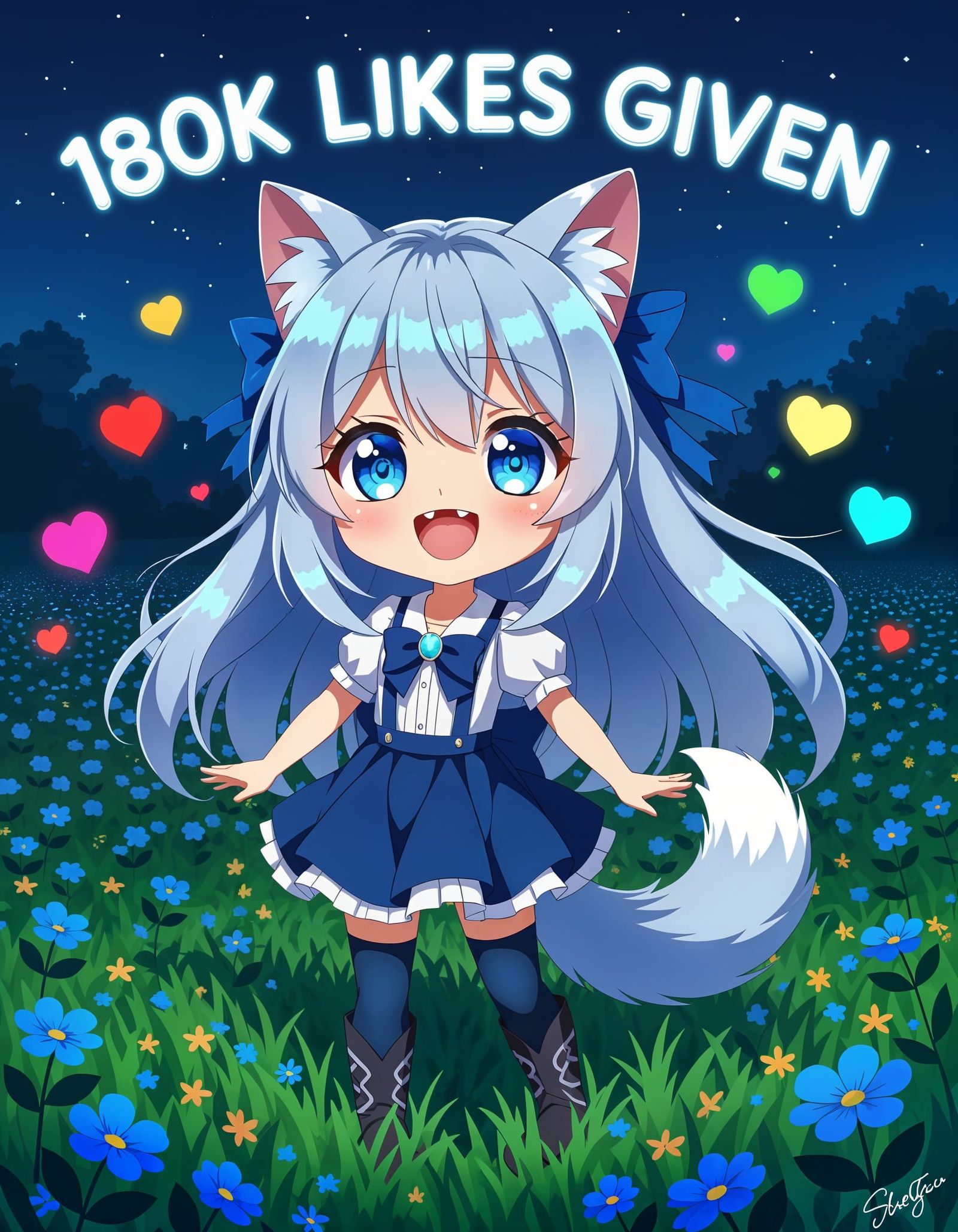 Chibi Catgirl in Starry Night Field
