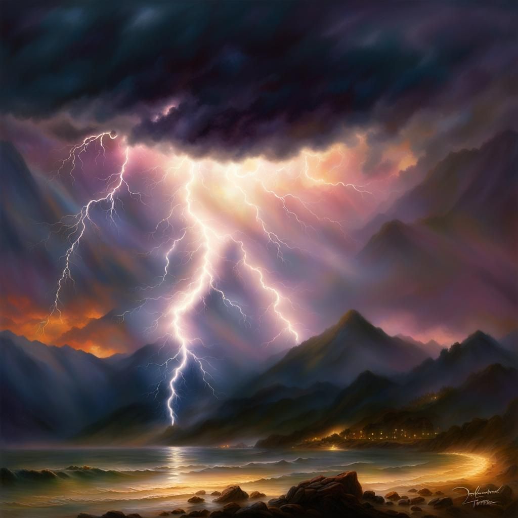 Lightning Strikes Mountain Seascape at Sunset