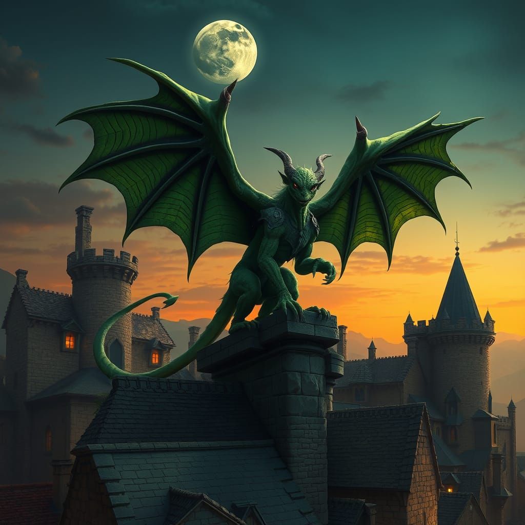 Green Gargoyle Over Medieval Village at Full Moon