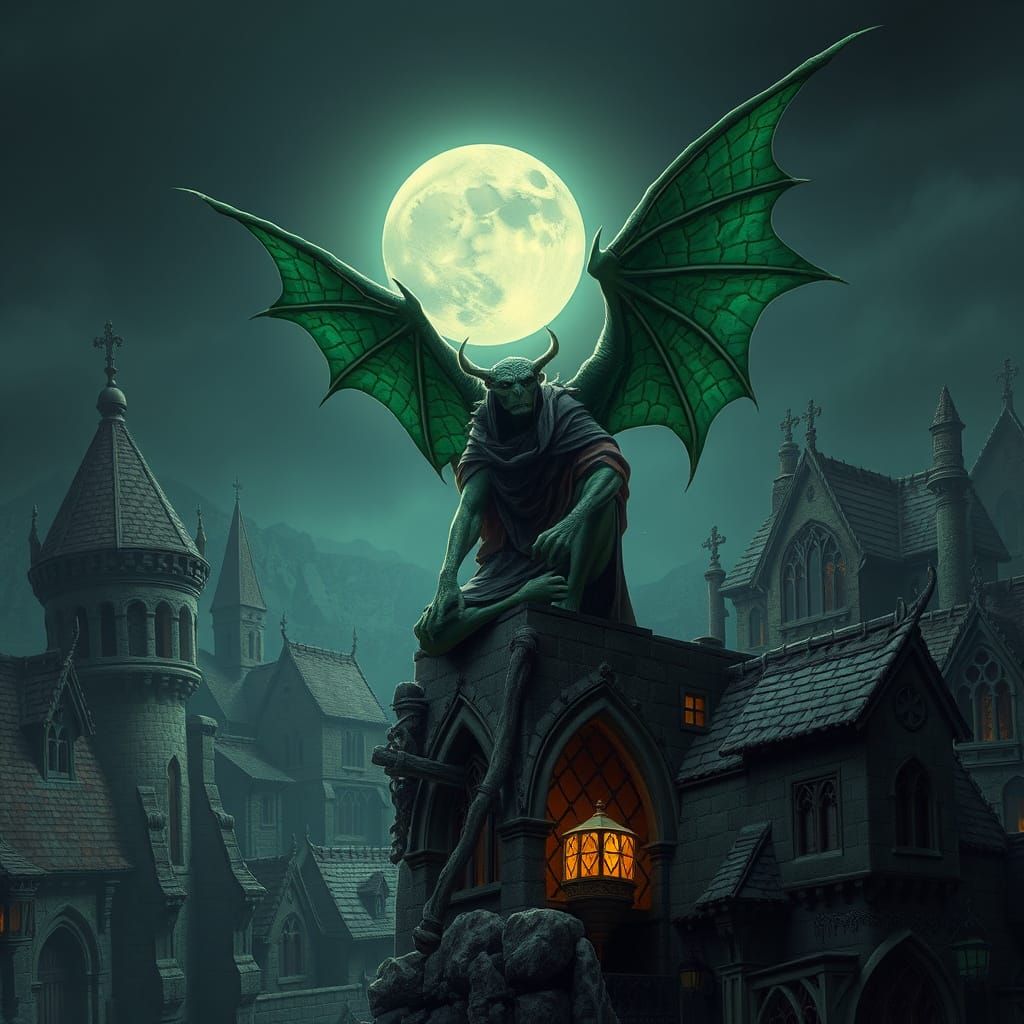 Green Winged Gargoyle Over Medieval Stone Village