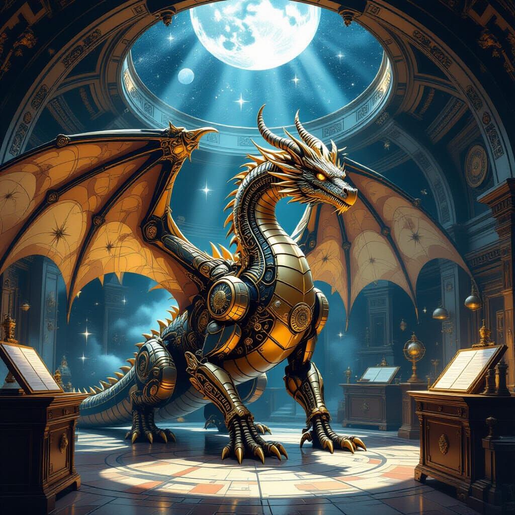 Mechanical Dragon Guards Celestial Observatory in Retro-Futu...
