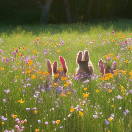 Flower Meadow with Adorable Bunnies