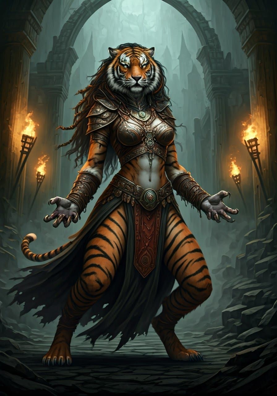 Mystical Weretiger Transformation in Dark Fantasy Ruins