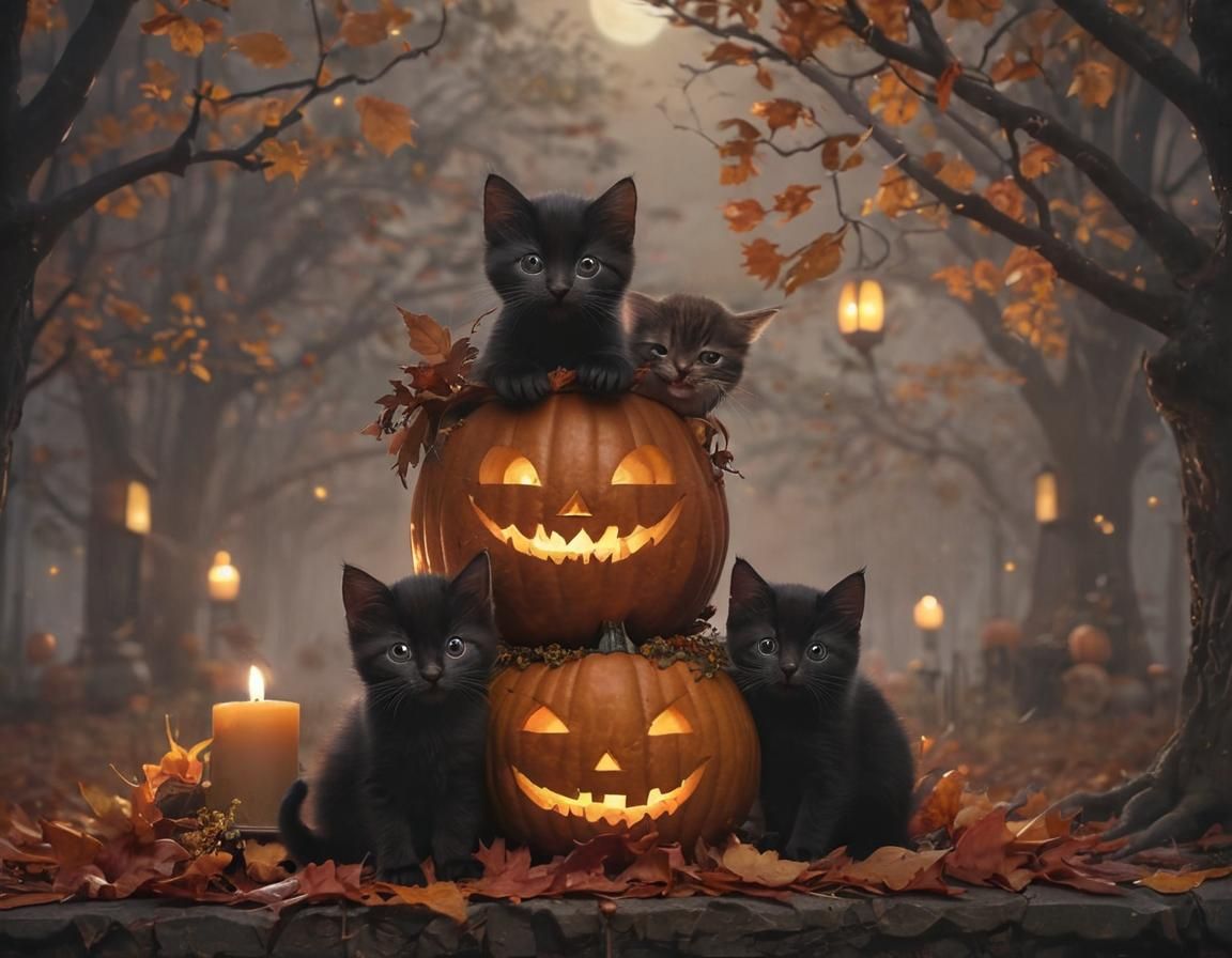Black Kittens Carving Jack-o-Lantern on Halloween