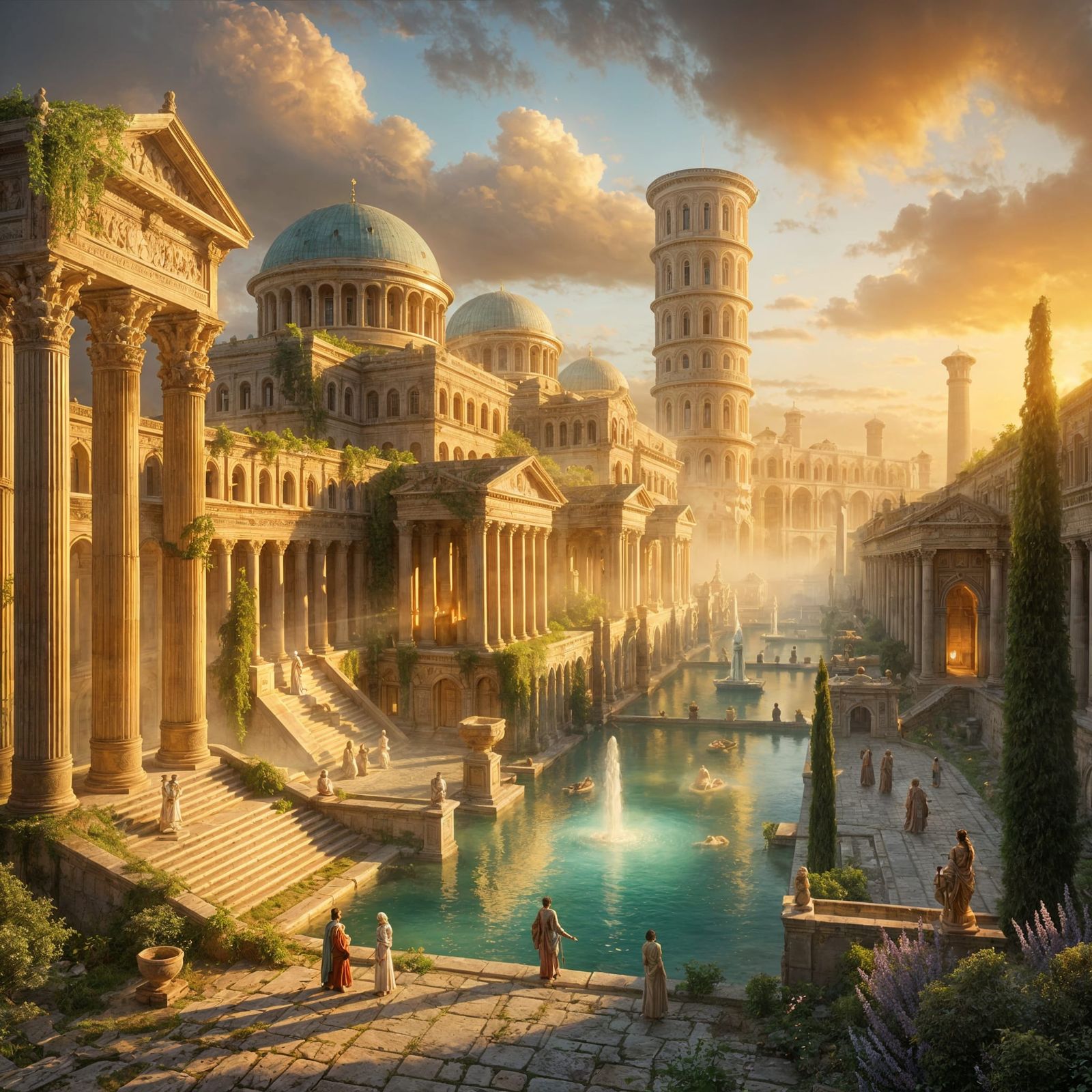 Elysium at Dusk: Ancient Grandeur in Golden Light