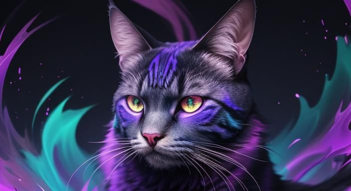 Purple Fire-Eyed Cat with Neon Aura in Pixiv Style