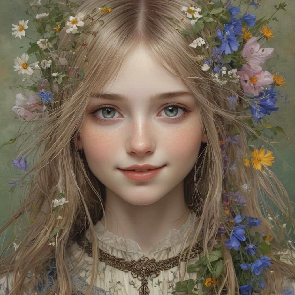 Fairy Tale Girl Portrait with Wildflowers