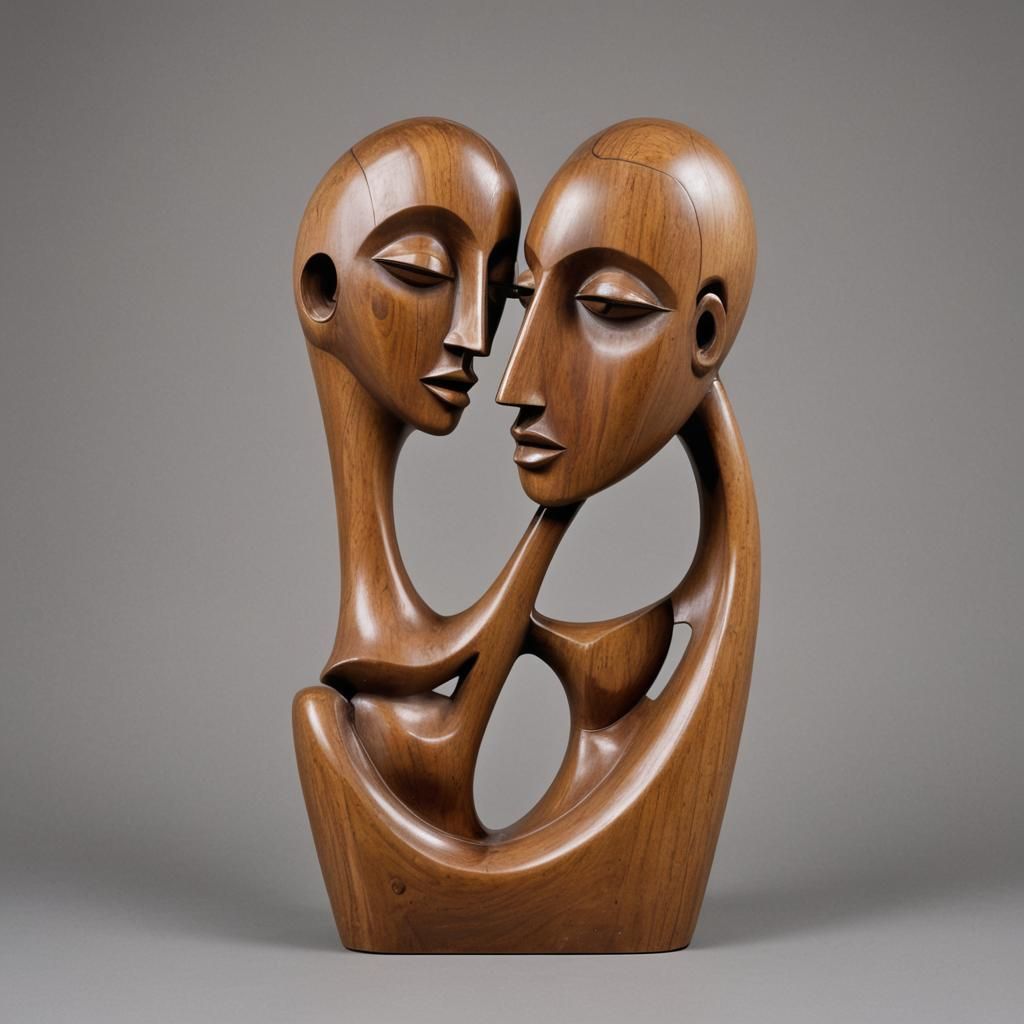 Abstract Wooden Sculpture of Embracing Couple