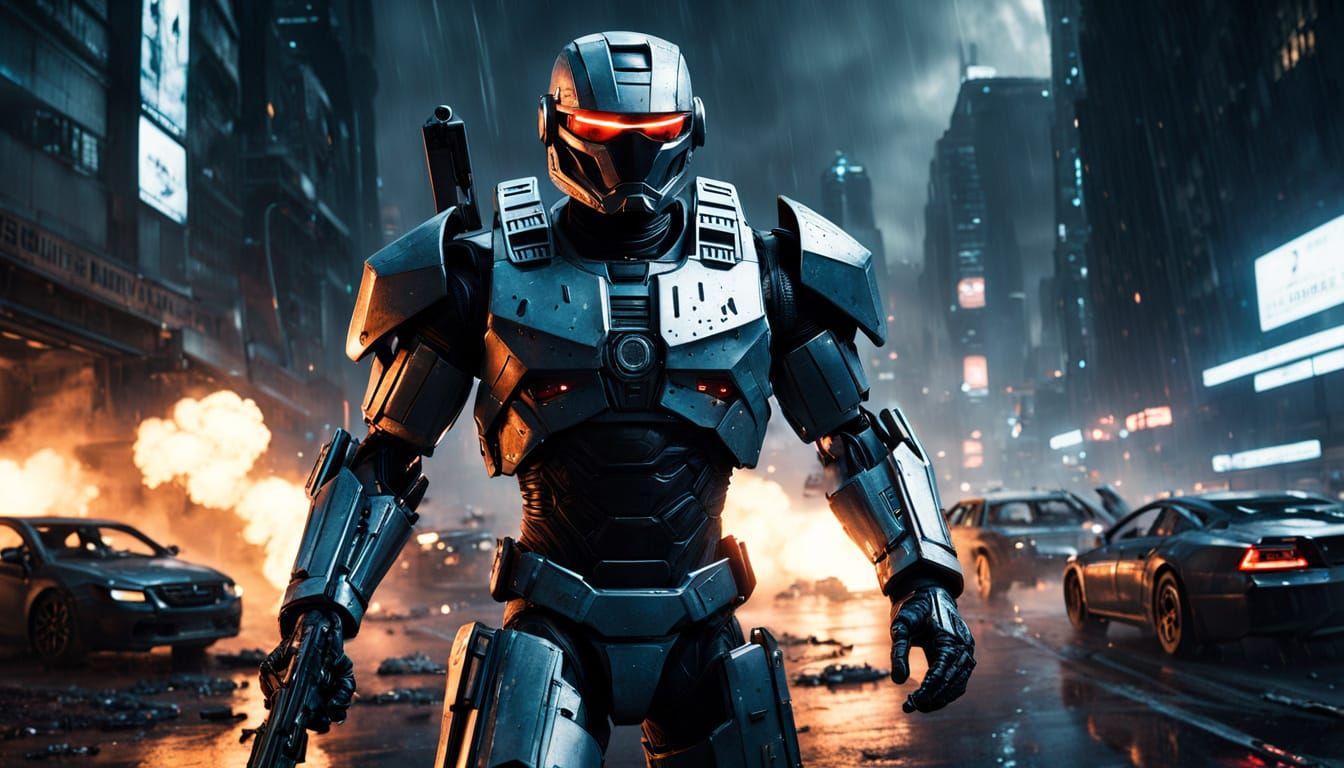 Robocop vs Borg Drone in Dystopian City