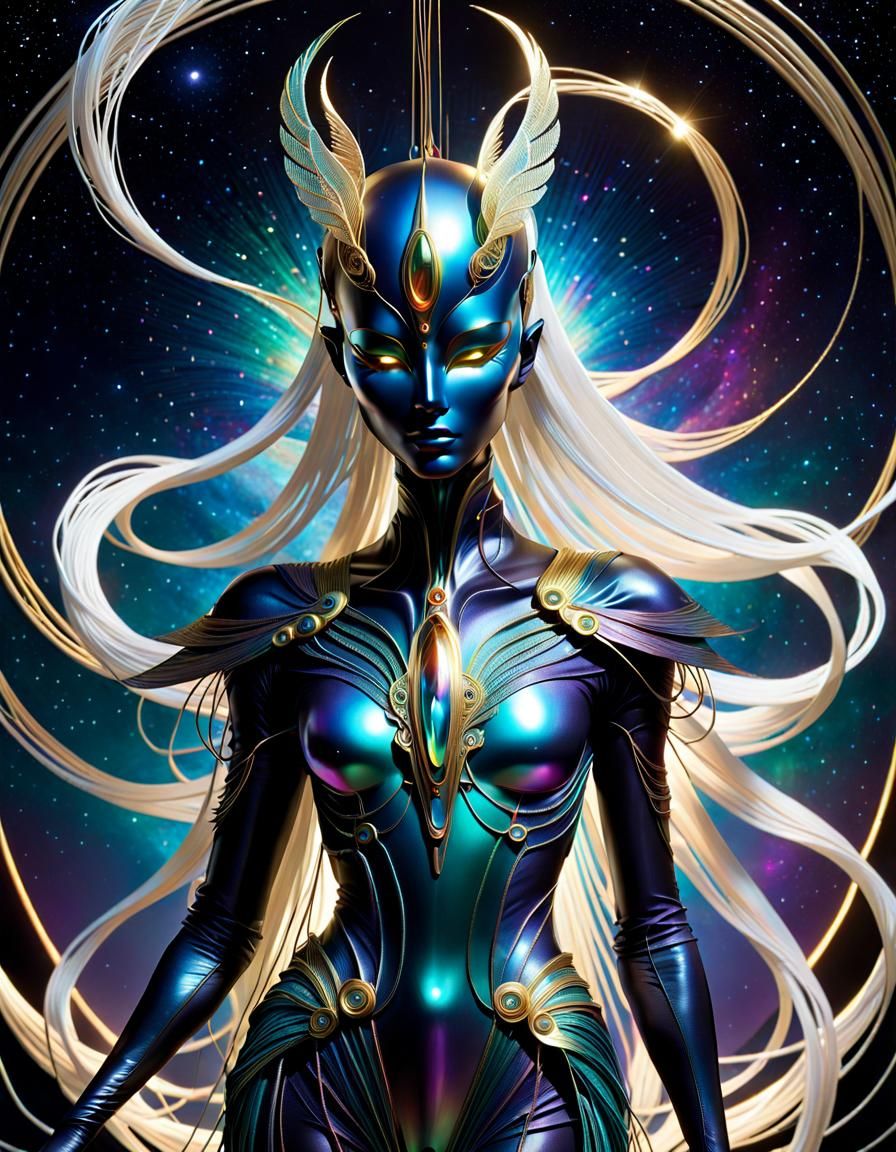 Iridescent Thread Humanoid in Cosmic Horror Style