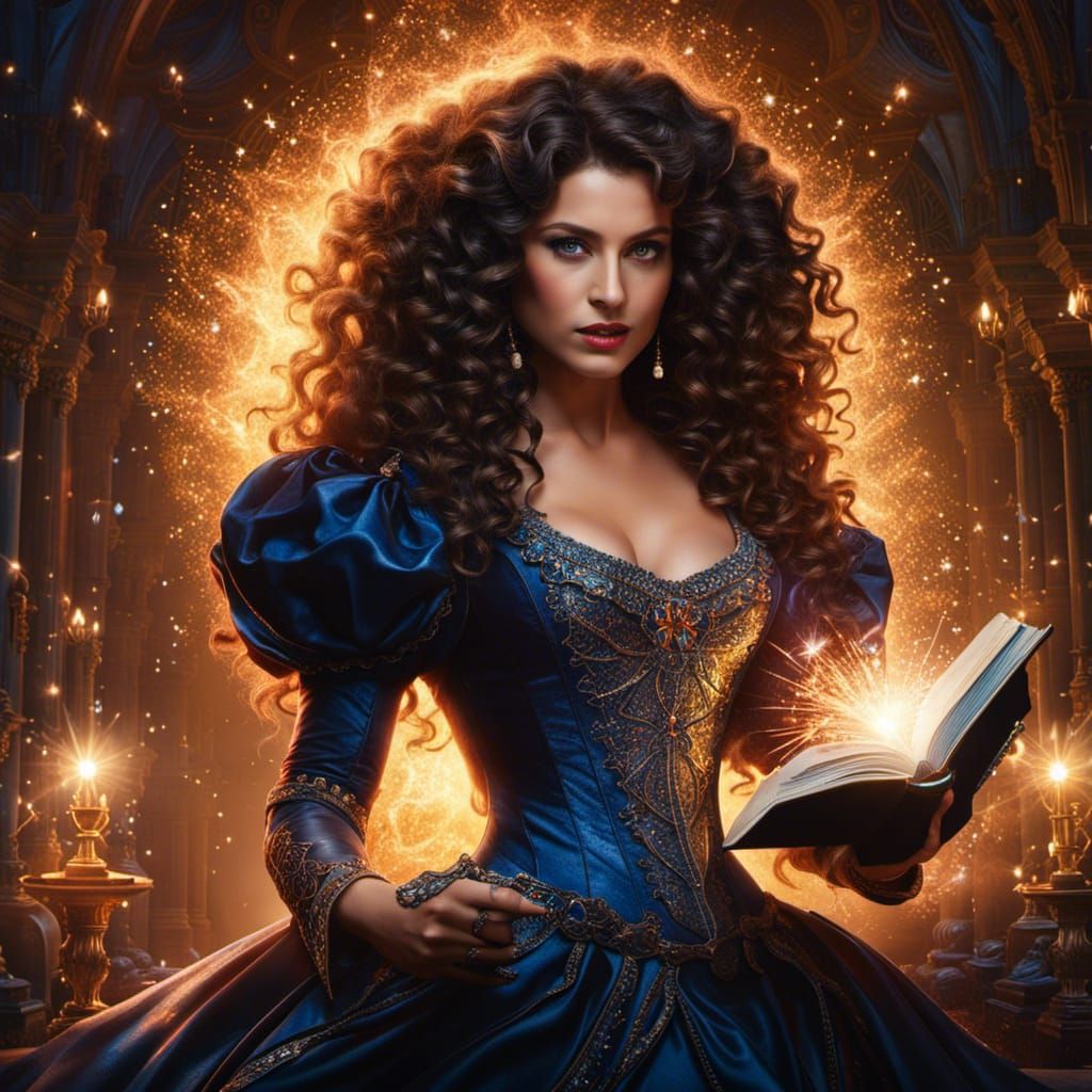Baroque Woman Immersed in Spellbook with Magic Sparkles