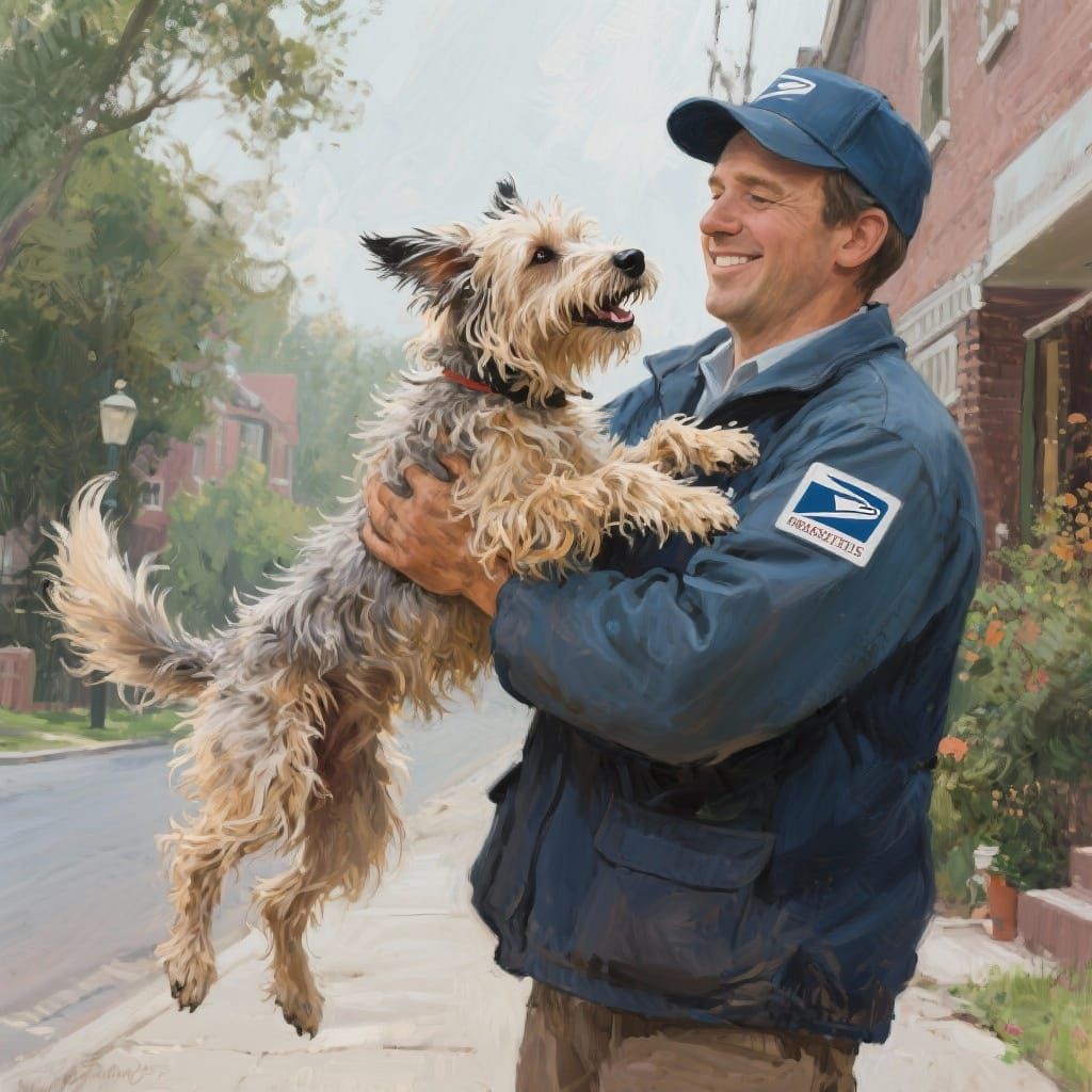Sentimental Painting: Dog Greets Postal Carrier