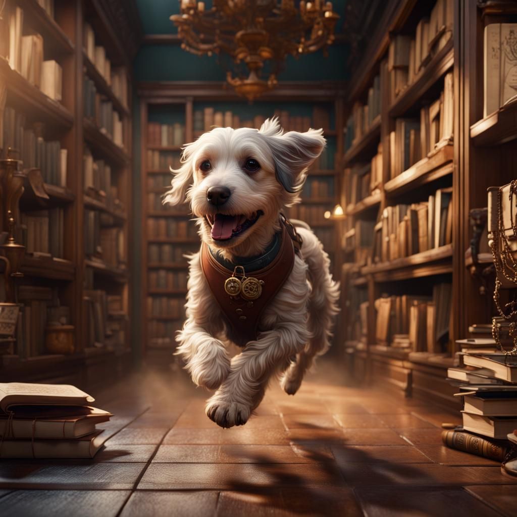 Dog's Joyful Dash Through a Bookshop: Fantasy Concept Art
