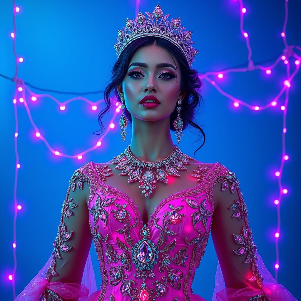 Radiant Princess in a Glimmering Cyberpunk Dreamscape