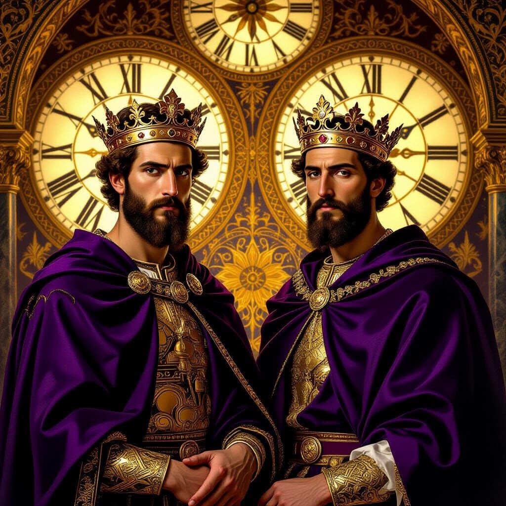 Regal Princes in Purple Robes with Golden Crowns