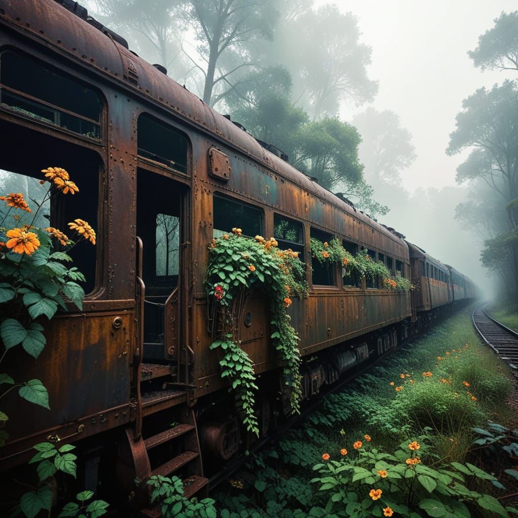 Abandoned Locomotive in Vibrant Forest Fog