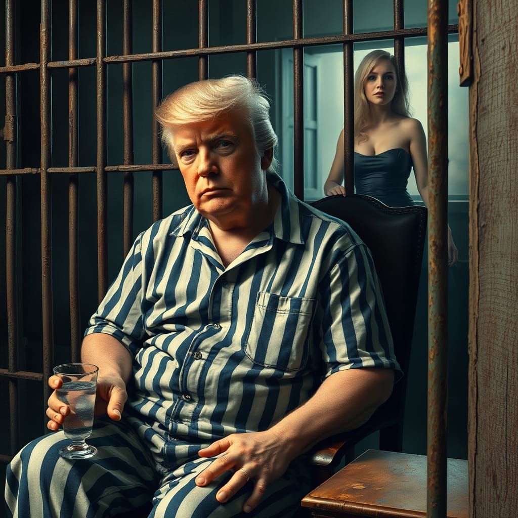 Photorealistic Image: Trump in Prison with Dreamlike Visions