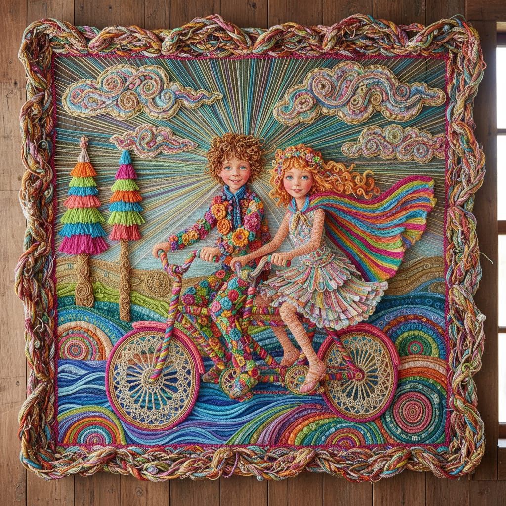 Psychedelic Woven Tapestry of Children on a Bicycle
