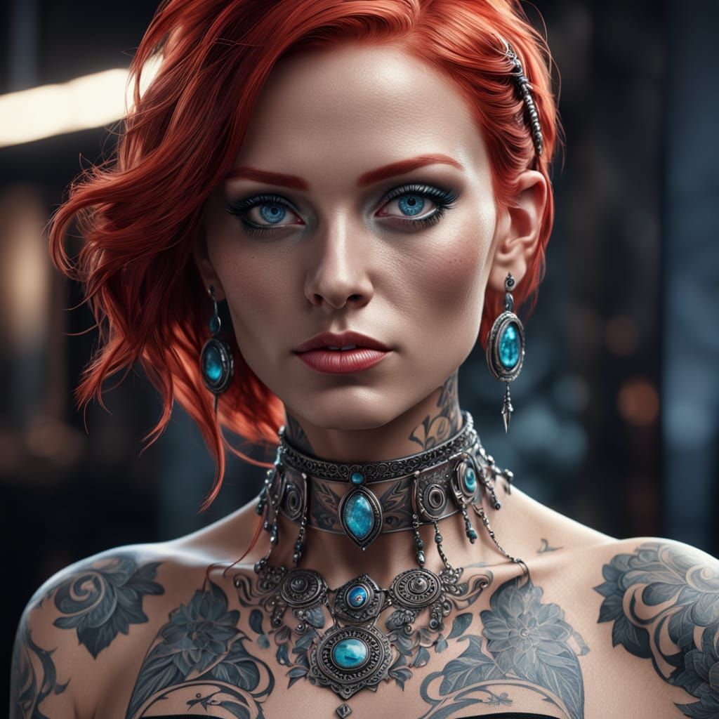 Woman with Red Hair and Floral Tattoos: Digital Art