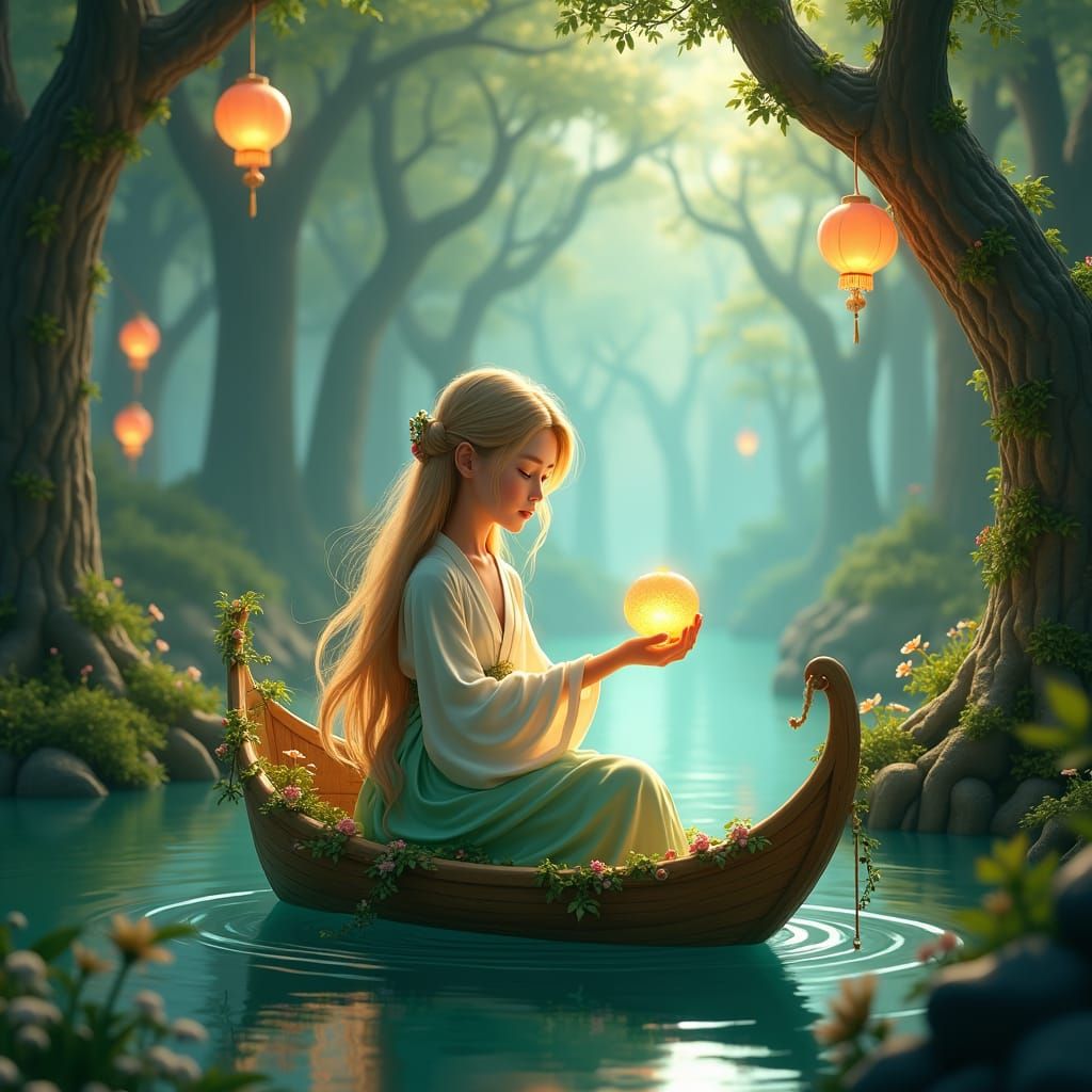 Enchanting Forest River Scene with Glowing Lanterns