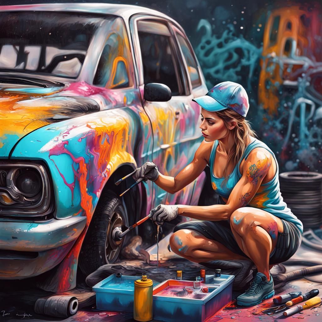 Female Mechanic Working on Car in Graffiti Art Style
