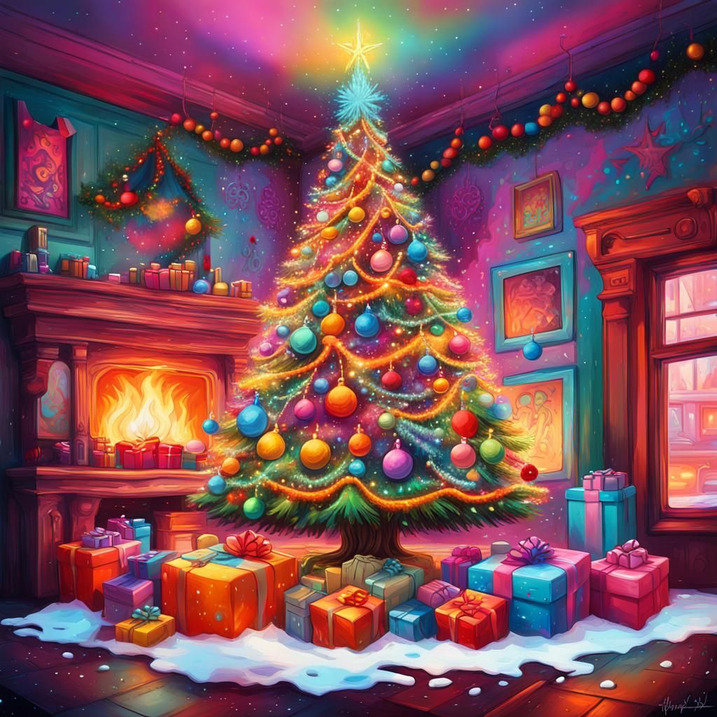 Psychedelic Christmas Tree with Gifts in Graffiti Art Style