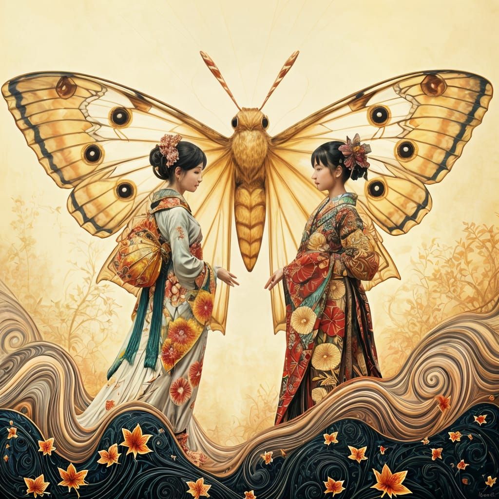 Ethereal Japanese Goddesses with Moth Surrealism Art