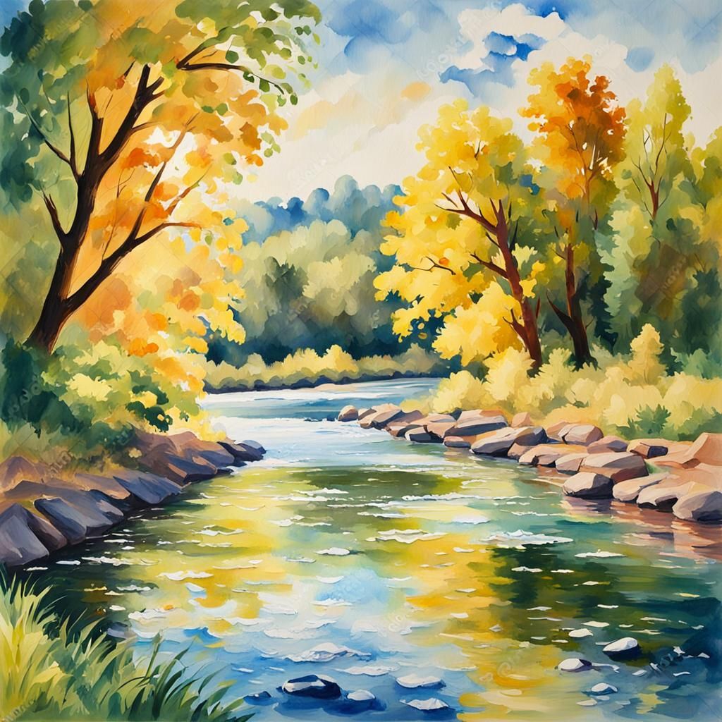 Impressionist River Scene in Gouache Style