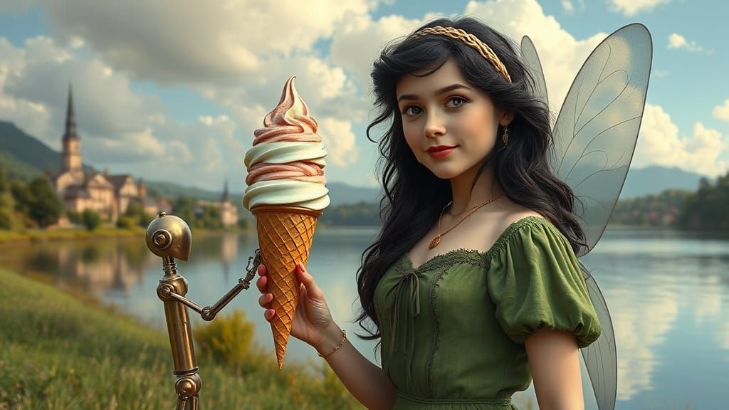 Victorian Fairy Receives Ice Cream from Robot