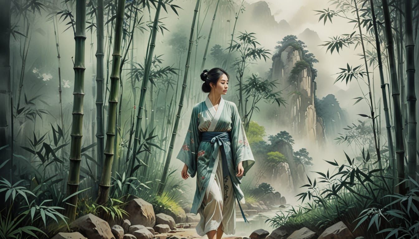 Asian Woman in Bamboo Forest Ink Painting