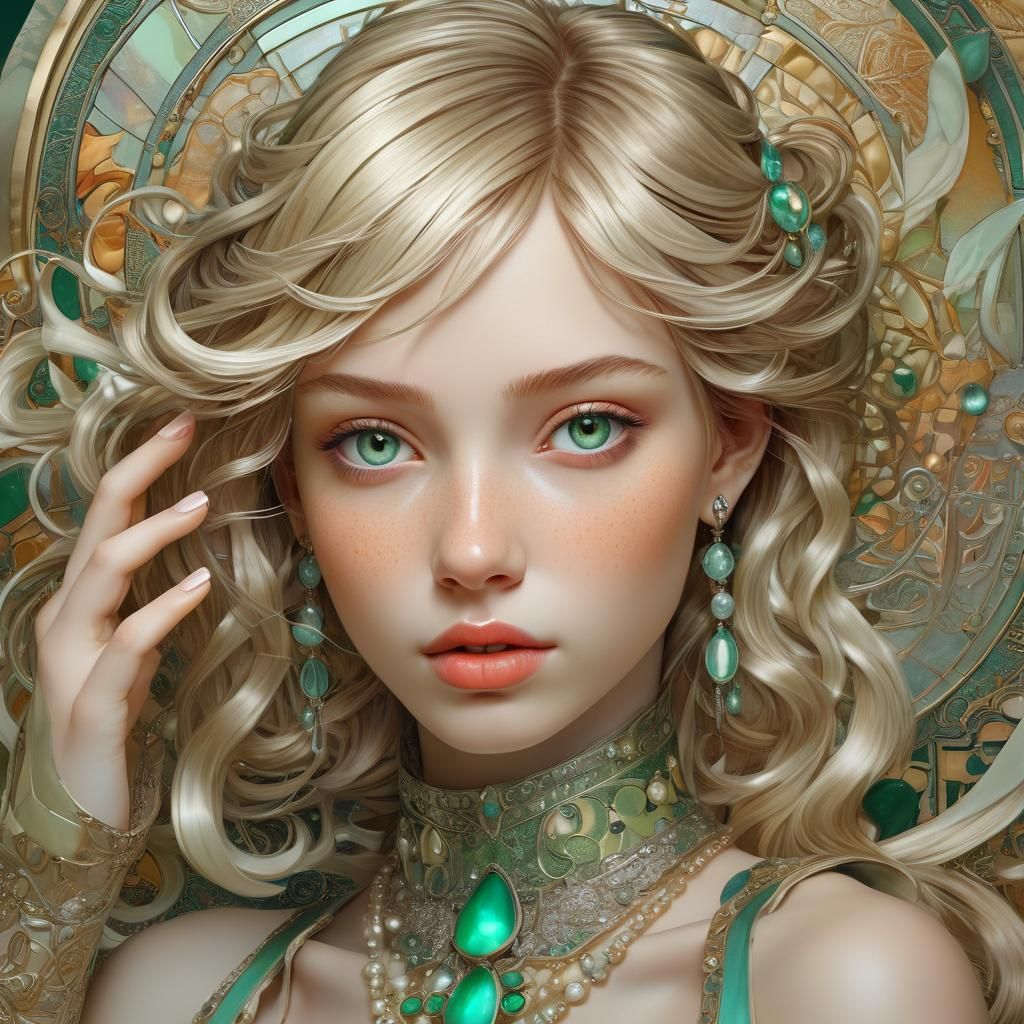 Perles de nacrées sur un coup d'albatre de jeune fille yeux ...