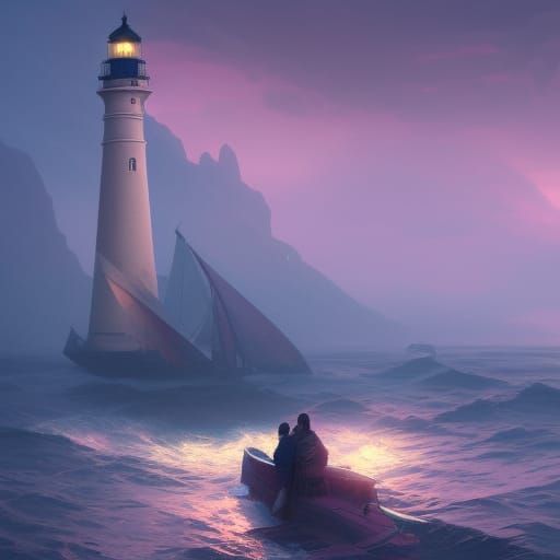 Boat Follows Pink Lighthouse Light in Hyperdetailed Art