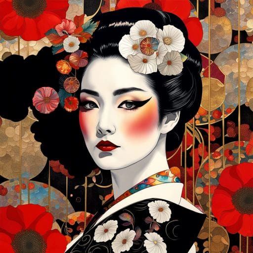 Geisha Girl with Poppies in Art Nouveau Style