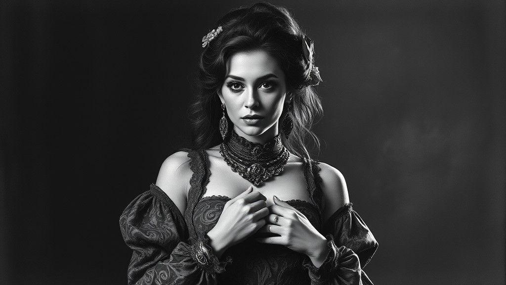 Dramatic Charcoal Portrait of Woman in Ornate Clothing