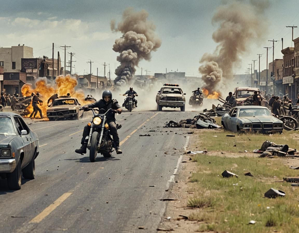 Post-Apocalyptic Motorcycle Chase in Mad Max Style