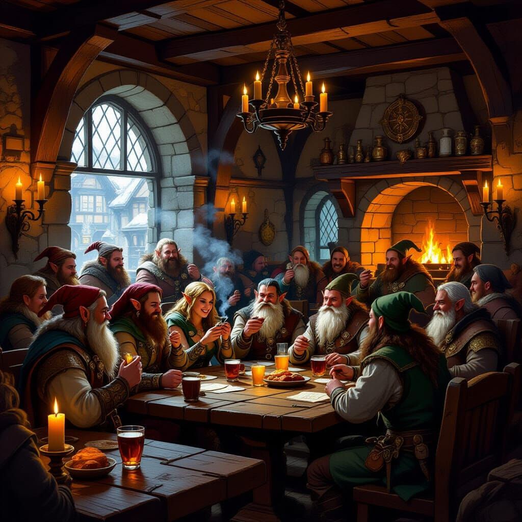 Fantasy Tavern Scene: Elves, Dwarves, Humans in Oil Painting...