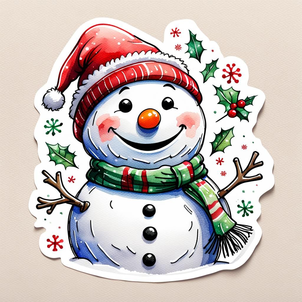 Cheerful Cartoon Christmas Sticker Logo in Watercolor