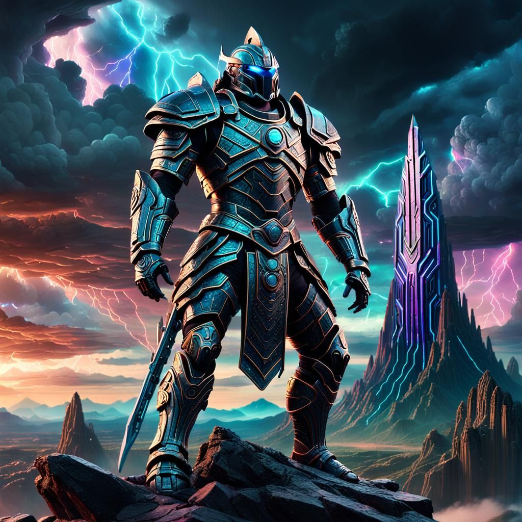 Sci-Fi Warrior on Alien Planet in Neon Style