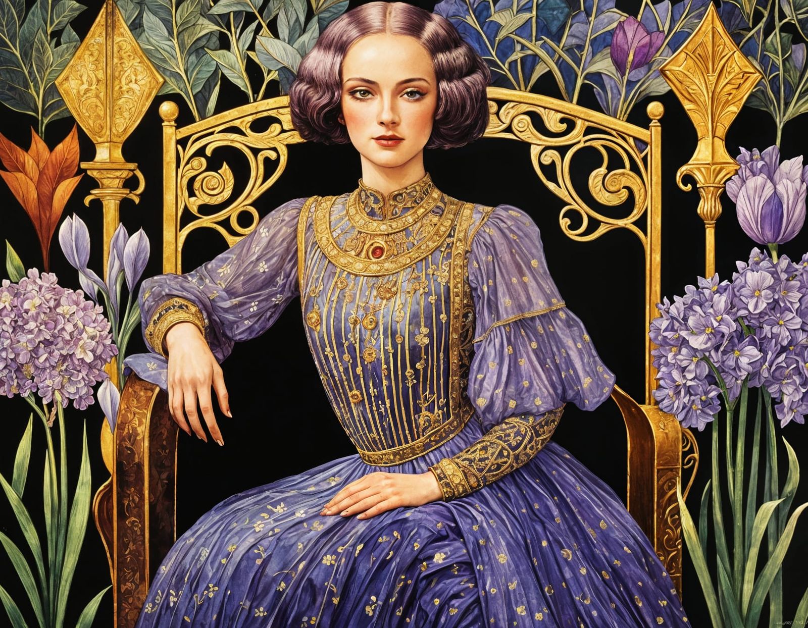 Art Nouveau Woman Among Irises and Lilacs